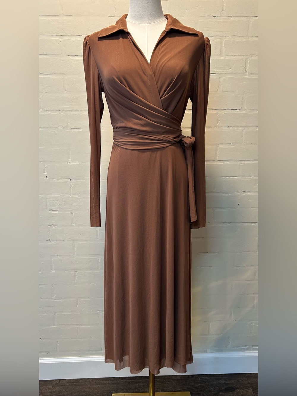 WRAY Enid Wrap Dress Toast Brown Mesh Long Sleeve Midi Dress NWT Size Large